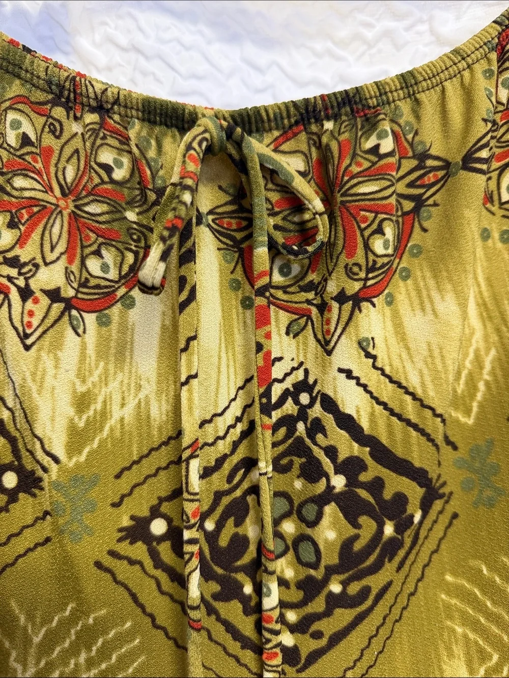 Julie’s Closet USA Olive Green Boho Tiered Midi Skirt Tribal Geometric Y2K L/XL